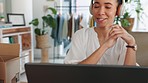 Woman, laptop and video call with headphones in home office for remote work meeting, online collaboration or business training seminar. Video conference, freelancer and b2b marketing on digital tech