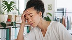 Designer, stress and black woman with headache, burnout or deadline for runway show. Lady, entrepreneur and female with anxiety, small business or seamstress with depression, overworked or frustrated