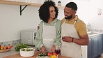 Black couple, talking and cooking in kitchen with wine for nutrition, love and relax quality time together. African people, prepare healthy food dinner and smile or happy conversation with alcohol 