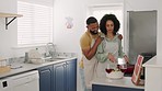 Love, kitchen and happy couple cooking together at their home in Mexico for dinner, party or event. Happiness, date and young man and woman preparing a meal for supper or lunch at their modern house.