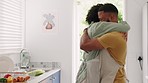 Couple, kitchen and hug of a young marriage of people at home cooking with love and forehead kiss. Happy, romance and commitment of black people relax in a house ready for breakfast food meal prep