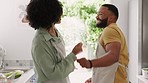 Love, dancing and couple in kitchen cooking happy breakfast on summer weekend morning. Music, dance and food, black woman and man having fun and making lunch at home, celebrate life with home cooking