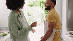 Black couple, kitchen and dancing of people with love and care doing a happy dance while cooking. Happiness hug, energy and dancer woman and man in the morning with food in a home with comic energy