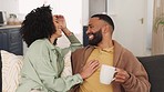 Love, couple and coffee on sofa, talking and bonding for romance, loving and relax. Romantic, Latino man and Hispanic with tea, communication and connection for relationship, discussion and smile.