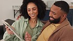 Tablet, online shopping or black couple on a travel website planning a honeymoon trip or holiday vacation at home. Love, digital or happy black woman talking or speaking of sale deals to a black man 