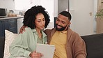 Relax, love and black couple on sofa with tablet using internet, social media and online network at home. Technology, online shopping and man and woman browse website with digital tech in living room