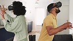 Black couple, virtual reality and gaming with futuristic tech and together at home with vr glasses and metaverse. Augmented reality, futuristic with 3d vision and 5g network with surprise and happy.