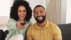 Happy black couple, relax and watching tv on sofa with smile for weekend, quality bonding time or holiday at home. African American couple smiling and enjoying fun entertainment on living room couch