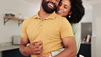 Love, house or couple holding hands and hug to celebrate a new home, happiness or happy marriage together in Cape Town. Hugging, black woman and black man laughing, embrace or bonding while relaxing 