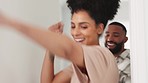 Black couple, dance and happy, celebrate and success with new house, homeowner and mortgage. Black man, black woman excited about new home and dancing with happiness, freedom and moving in together.