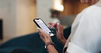Hands, woman and phone screen for online shopping, reading post or target advert. Female, closeup or smartphone for product website, marketing ad or social media for chatting, connectivity or texting