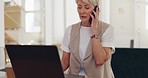 Senior woman, work and home with phone call, communication and laptop on desk for online crm job. Mature worker, home office and using phone for conversation, discussion or negotiation with client