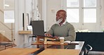Email, communication and black man with a laptop for networking, corporate planning and project management job. Typing, research and African employee with a pc for professional connection at work