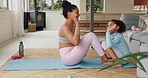 Mother, girl and high five sit up training, having fun and bonding. Help, family teamwork and mama doing crunch exercise with daughter holding legs for health, wellness and muscle strength in home.