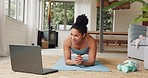 Woman, laptop and home fitness in living room for house workout, training or exercise for tummy muscles, body goals or plank abs. Smile, happy and person on gym tutorial class on webinar technology