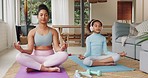 Meditation, yoga and mother with girl in living room for exercise, pilates and training together at home. Family, love and mom bonding, meditating and calm with child for body wellness, peace and zen