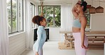 Mother, kid and stretching neck for exercise in family home, living room and lounge together. Mom, girl child and fitness warm up for healthy workout, body and energy for performance of yoga training