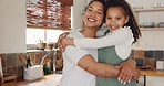 Love, mother and girl hug in house kitchen bonding, embrace or relaxing as mother and daughter. Happy family, faces or portrait of mom laughing or hugging a funny child or kid on mothers day holiday