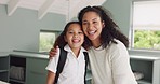 Mother, child and hug in school uniform in home with love, care and happiness together. Portrait of happy mom, young girl kid and prepare student for back to school in morning, house and family home 