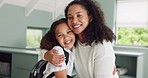 Black mother, child and hug in school uniform portrait for love, happiness and quality time before school in morning together. African family, smile and relax or happy hugging student in family home 