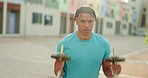 Fitness, weights and black man in the street for training, health workout and power for body goal in Canada. Sports, exercise and African bodybuilder strength training for muscle with lunges