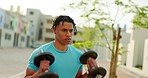 Fitness, weights and urban wellness of a black man athlete training arms and legs outdoor. Cardio, exercise and body builder workout in the city for health and strong arm muscle building for sport