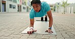 Black man, fitness or plank to push up workout on city street or road for muscle growth training, body exercise or healthcare wellness. Sports athlete, personal trainer or coach in urban bodybuilding
