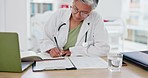 Senior doctor woman, writing and notebook for report, results or diagnosis at desk in hospital office. Elderly medic, book and pen for medical advice, appointment or schedule planning at clinic job