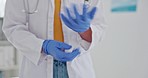 Hospital, medical and healthcare gloves of doctor hands ready for surgery work and safety. Medicine, health laboratory and pharmaceutical clinic worker prepare for lab research and nurse working