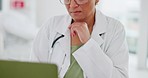 Mature woman, doctor and laptop, writing notes and planning research, online information and healthcare innovation in medical office. Hospital worker, computer and thinking about data of test results