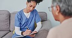 Doctor, clipboard and elderly patient in consultation for healthcare, diagnosis or therapy advice at hospital. Medical expert writing notes listening to senior woman at clinic for checkup appointment