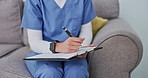 Hands of nurse writing information or checklist during a healthcare consultation for patient examination and analysis of health and wellness. Doctor with paperwork on clipboard for medical history