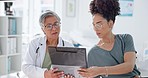 Doctor, tablet and patient results collaboration in hospital for research, healthcare consultation and team support. Digital tech device, medical wellness or nurse consulting for medicine analytics