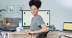 Portrait, black woman and business at computer mockup website and tracking markers for advertising space in Brazil. Happy young receptionist worker, desktop technology and digital marketing mock up 