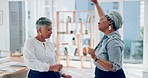 Business women, dancing and celebration in office for success, target achievement and bonus while doing happy dance together. Female employees or friends celebrate teamwork, growth and development