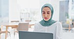 Corporate muslim woman, laptop or office for email communication, digital marketing or seo with vision. Islamic social media expert, mobile computer or typing at desk in startup for planning in Dubai