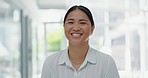 Asian, face and woman lawyer in office excited for corporate company opportunity in Japan. Smart, happy and professional attorney at legal workplace with cheerful smile for career portrait.

