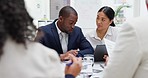 Tablet, meeting and collaboration with a business team in the boardroom for planning or strategy. Marketing, management and diversity with a man and woman employee talking in the office for growth