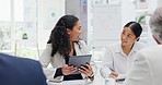 Teamwork, mentor and woman at corporate workshop while working on new project or deal in modern office. Business coaching, collaboration and leadership, women help with tax audit in accounting office