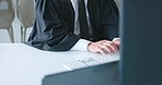 Computer, research or Muslim lawyer typing an email, contract or proposal letter for justice in a law firm. Islamic, internet or focused professional legal attorney networking online at office desk 