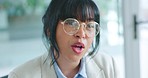 Face of woman, glasses and lawyer talking in office, discussion or chatting. Communication, consultation and female attorney in meeting, speaking and discussing legal case at workplace or law firm.