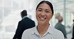 Business, face and asian woman in office for productivity, leadership or employee trust with corporate career, vision for success and workplace. Professional portrait, staff and happy woman in hr job