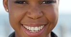 Black woman, face and smile for portrait outdoor for happiness, confidence and laughing for lifestyle motivation. African woman, happy facial expression and big smile, laugh and confident mindset