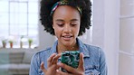 Young black woman, smartphone and scroll on social media, online and internet connection, thinking and contact with 5g network. Youth, girl and gen z with mobile phone, app and social network mockup.