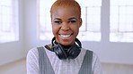 Smile, creative and face of a black woman in music, podcast streamer and happy with work in radio. Producer, audio and portrait of an African employee with headphones for online sound at a workplace