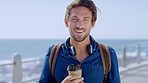 Man, smile portrait and coffee on beach for travel holiday, relax summer vacation or morning freedom in Bali. Happy tourist, laughing and ocean sunshine outdoor for calm happiness or traveling break