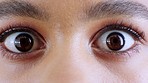 Surprise, vision and closeup of eyes with shock, omg or wow expression with mascara or eye shadow. Crazy, focus and zoom of a shocked woman with big brown iris with natural makeup or cosmetics.