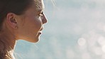 Ocean, peace and face of beach woman on outdoor adventure for spiritual mindset, mindfulness and freedom. Water mockup, wind in hair and profile of girl in nature for calm, fresh air and sea mock up