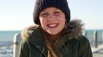 Ocean, happy and face of child on winter vacation for travel adventure journey, world tour or freedom in Sydney Australia. Wellness, smile and portrait of young youth girl laughing on fun outdoor day