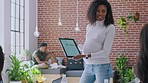 High five, presentation and dance of manager or pregnant woman in digital marketing, report and data on sales, profit and kpi target. Success, business people and black woman with pregnancy inclusion